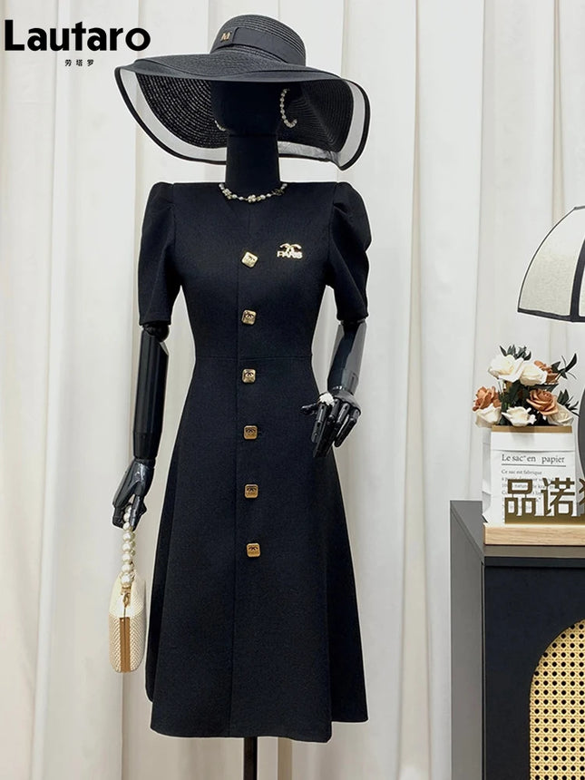 Lautaro Black Slim Elegant Dresses Spring-Summer for Women, V-Neck with Puffed Short Sleeves
