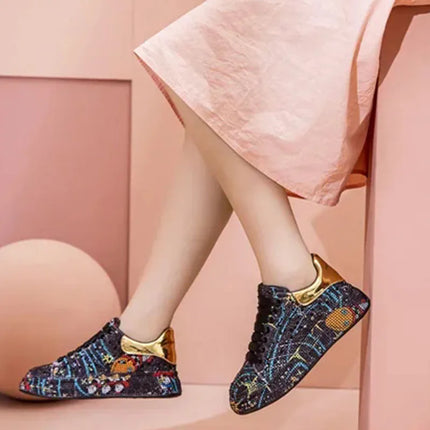 SyfIyno Spring Black Women Shoes New Style Fashion Platform Shoes Platforms Sneakers Shine Bling Graffiti Rhinestone Shoes