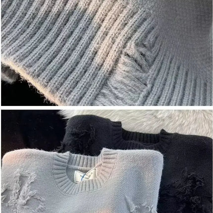 2026 Street Style Broken Holes Sweaters for Men Autumn Winter Thick Knitted O Neck Pullovers Vintage Casual Couple Sweater Coats