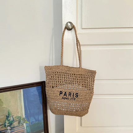 Hylhexyr Women's Letter Embroidered Shoulder Bag Woven Straw Bag Large Capacity Empty Holiday Beach Bags
