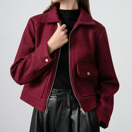 KONDALA Red Bordeaux Loose Jakcets Women Zipper Pockets Short Coats Fashion 2025 Autmn Elegant Bomer Jackets Elegant Outwears