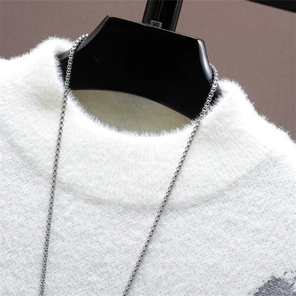 Winter Plaid Mink Cashmere Sweater Men Half Turtleneck Mens Sweaters Top Quality Pull Homme Thick Warm Pullover Men