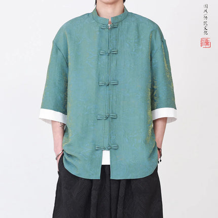 Camicia da Uomo di Lusso con Sfumature Colorate, Jacquard a Maniche Corte, Stile Cinese Tradizionale, Fresca per l'Estate, in Seta Ghiaccio
