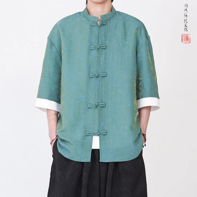 Camicia da Uomo di Lusso con Sfumature Colorate, Jacquard a Maniche Corte, Stile Cinese Tradizionale, Fresca per l'Estate, in Seta Ghiaccio