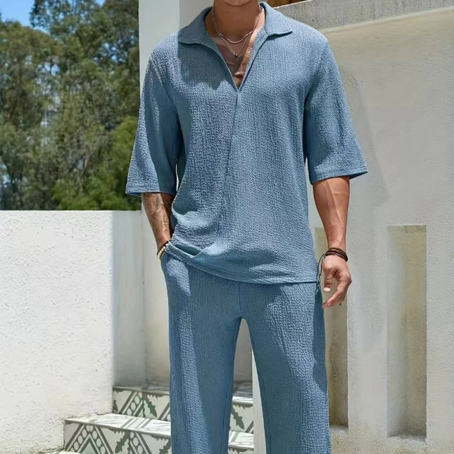 Camicia e pantaloni a maniche corte da uomo alla moda in puro colore elasticizzato traspirante confortevole casual da spiaggia per il tempo libero per la primavera platinumshop