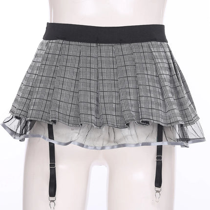 Studentinnen-Minirock für Rollenspiele mit Strapsen, karierter Faltenrock mit Tüllfutter, elastischer Taille, Nachtclub-Dessous