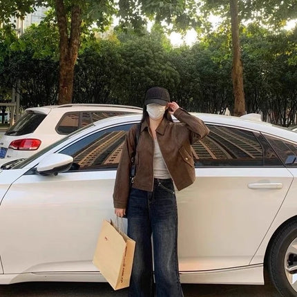 Retro Style Women's Short Suede Jacket Coffee Color Korean Style Autumn Coat Zipper Pocket Polyester Fiber Windproof