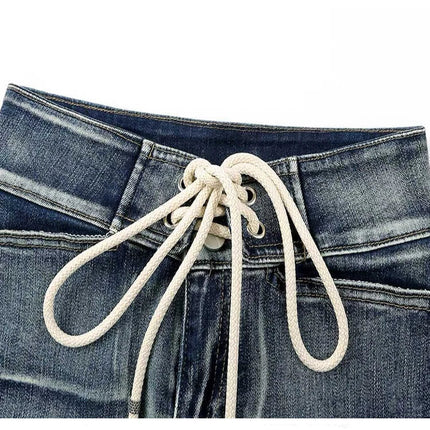 Summer Women Kpop Jean Shorts Abi Y2K 2000s Lace Up Denim Hot Pants Grunge Gyaru Japanese American Retro Cyber Punk Harajuku New PlatiNum