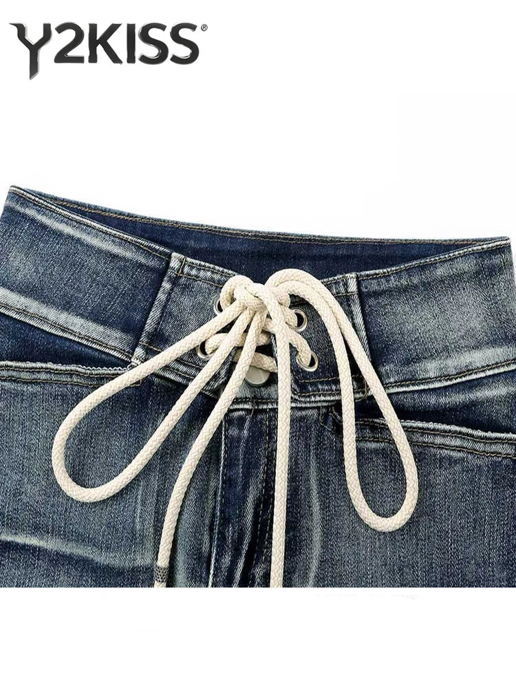 Summer Women Kpop Jean Shorts Abi Y2K 2000s Lace Up Denim Hot Pants Grunge Gyaru Japanese American Retro Cyber Punk Harajuku New PlatiNum