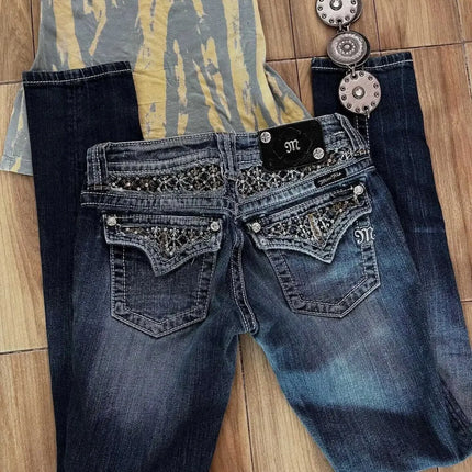 Jeans Boot Cut Retrò Miss Me da Donna, Nuovi Jeans Blu Y2K con Tasche Ricamate, Stile Hip Hop Harajuku Gotico, Pantaloni Larghi Streetwear