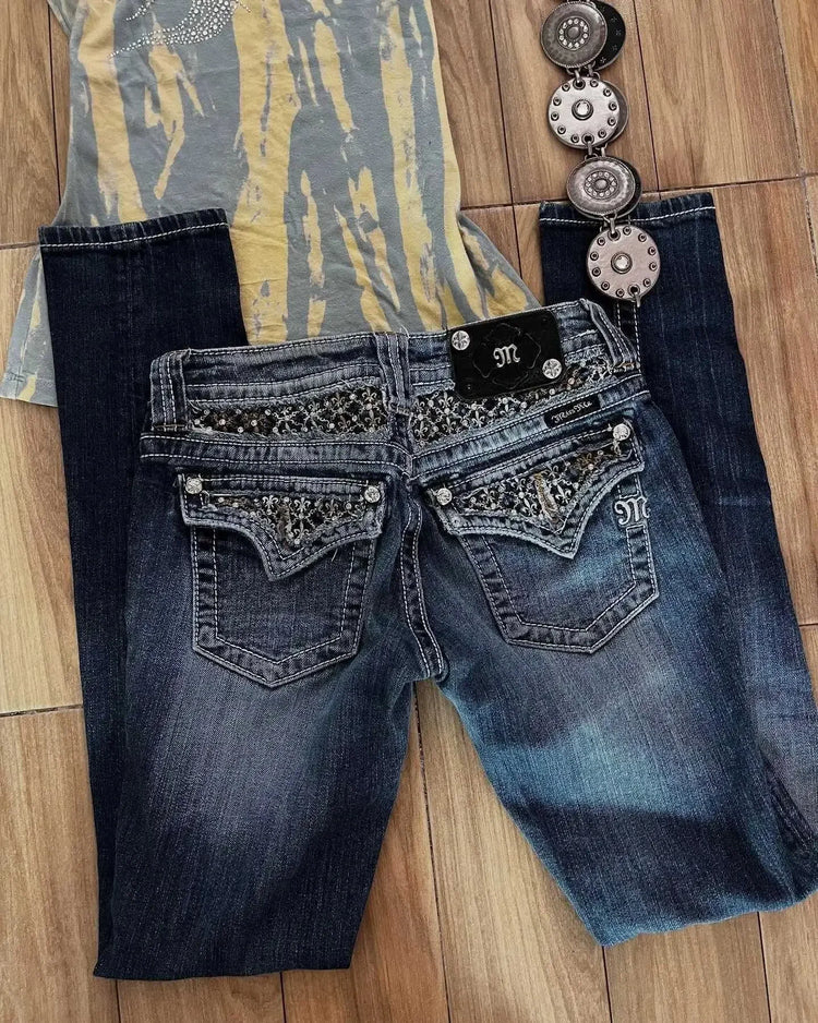 Jeans Boot Cut Retrò Miss Me da Donna, Nuovi Jeans Blu Y2K con Tasche Ricamate, Stile Hip Hop Harajuku Gotico, Pantaloni Larghi Streetwear