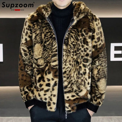 Supzoom 2026 New Arrival Top Fashion Tiger Pattern Winter Warm Flowing Gold Mink Splicing Faux Fur Men's Hooded Jacket
