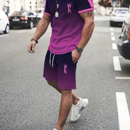 New Men's Two-Piece Suit Fashion Scottish Print Summer O-neck Short Sleeve Polo + Shorts Men's Two-Piece Set