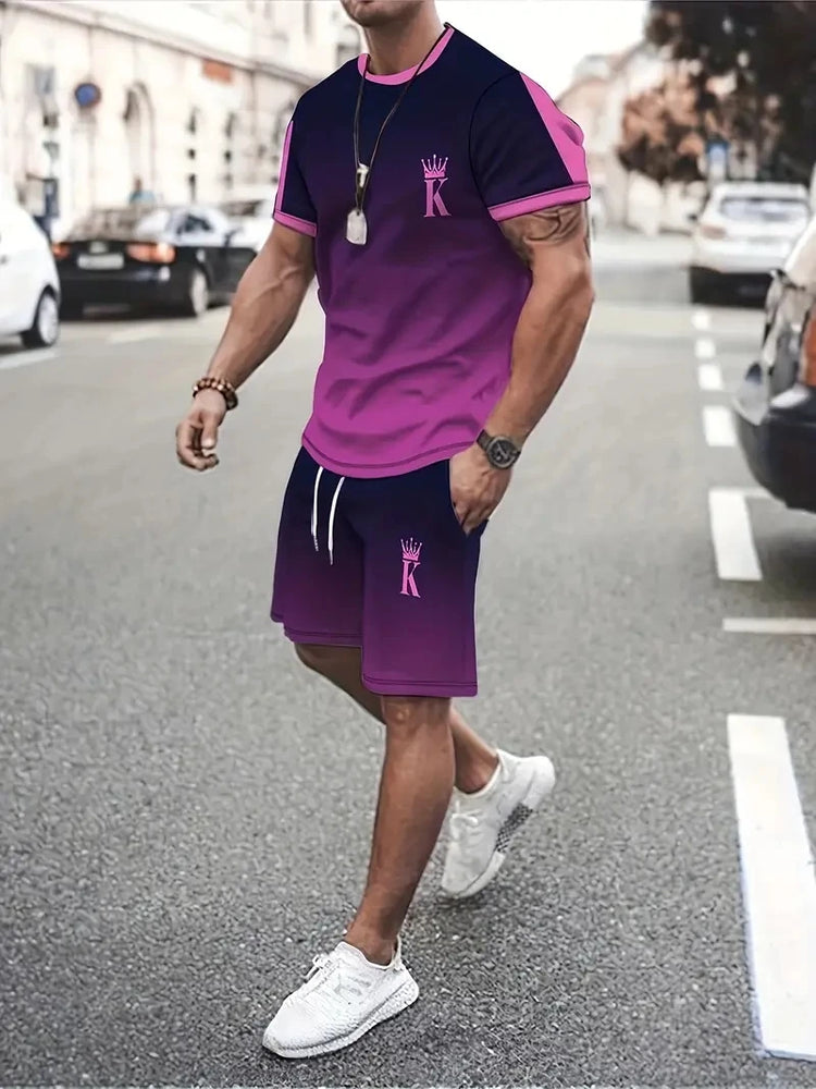 Nuovo vestito da uomo in due pezzi con stampa scozzese moda estate O-colletto Polo a maniche corte + pantaloncini abito da uomo in due pezzi
