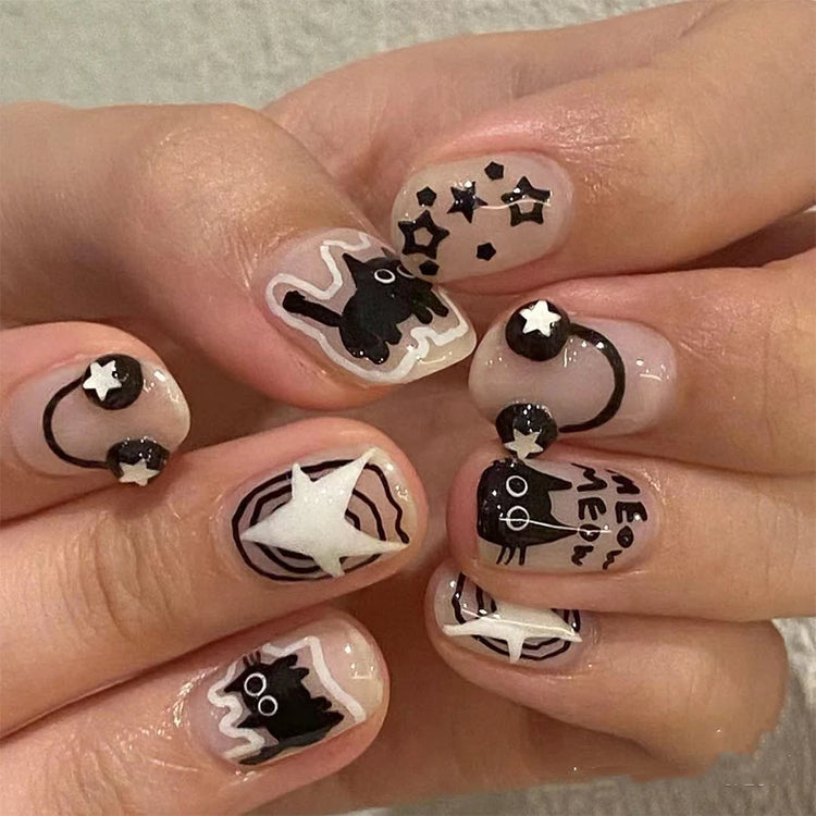Cute Black Cat Nail Stickers Decals 5D Embossed Kawaii Cat Flowers Star Nail Art Decoration Cute Cartoon Sliders Summer Manicure