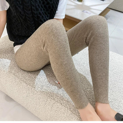 Autumn Winter Women Wool Thickening Leggings High Waist Ribbed Vertical Stripe Casual Knitted Leggings Warm Wear out Pantyhose PlatiNum