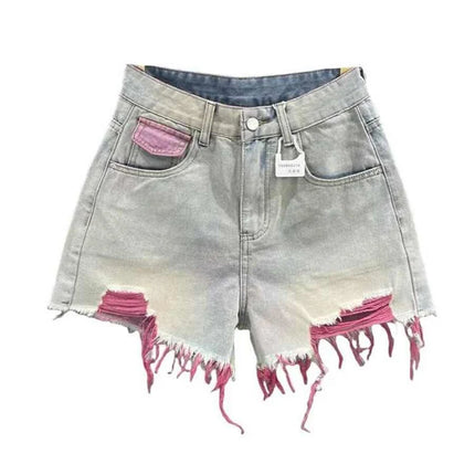 Pantaloncini di jeans con foro rosa stile coreano Donna Estate Nuova vita alta Bordo grezzo A-line Pantaloncini per ragazze calde Pantaloni caldi sottili di nicchia di moda