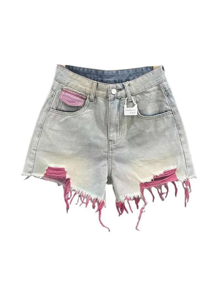 Pantaloncini di jeans con foro rosa stile coreano Donna Estate Nuova vita alta Bordo grezzo A-line Pantaloncini per ragazze calde Pantaloni caldi sottili di nicchia di moda