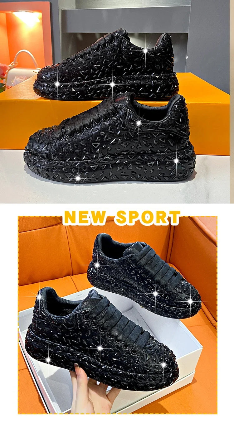 2025 Autumn Leather Women Shoes New Style Fashion Platform Shoes Ins Platforms Sneakers Tide Shine Bling Rhinestone Shoes