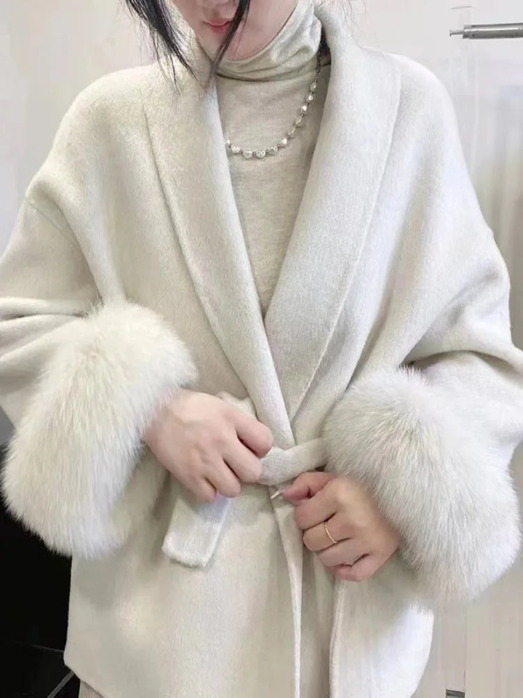 Elegant OL Office Lady Overcoats Fur Patchwork Long Sleeve Woolen Coat Beautiful Women's Clothing Jacket Autumn 2025 Spring