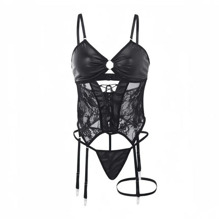 Tornova Women's Sexy Lingerie Set Lace Patent Leather Strappy Plus Size Curvy Seductive Date Night Bra Panty Hot Underwear Set