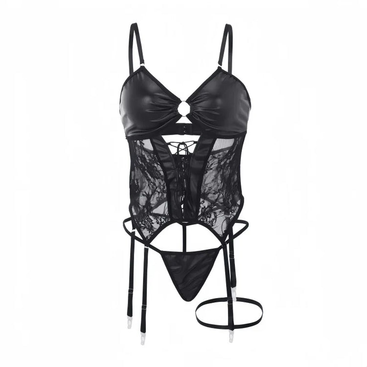 Tornova Women's Sexy Lingerie Set Lace Patent Leather Strappy Plus Size Curvy Seductive Date Night Bra Panty Hot Underwear Set