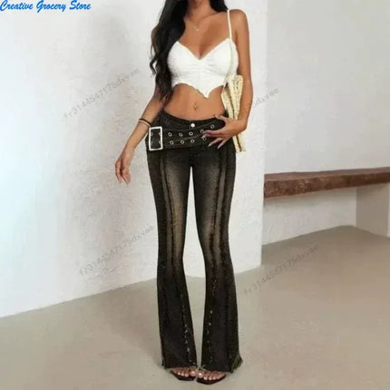 Women Vintage Washed Flare Jeans With Wide Belt Raw Hem Split Hem Seam Detail High Waist Slim Fit Denim Pants