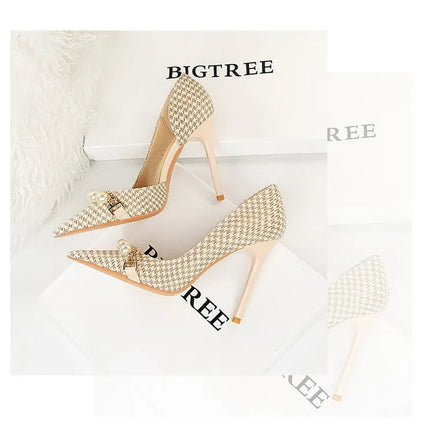 BIGTREE Scarpe 2026 Primavera Donna Pompe Catena di metallo perlato Tacchi alti Grana a quadri Tacchi a spillo Tacchi da donna Scarpe da banchetto di lusso 43 platinumshop
