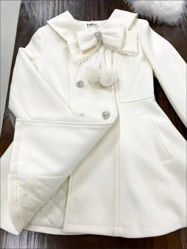 Japanese Autumn Winter Elegant Kawaii Coat Women Faux Fur Collar Long Sleeve Tops Casual Lolita Bow Button Warm Sweet Jacket