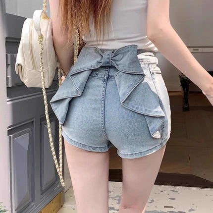 Women's Y2K Sexy Denim Shorts Petite High Waist Hip Lifting Shorts Slim Summer Hot Pants with 3D Bow Personality Detail