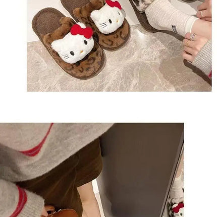 Women Cute Cartoon Cat Leopard Print Plush Slippers Warm Fuzzy Non-Slip Soft Sole Winter Indoor Bedroom Cozy House Home Shoes
