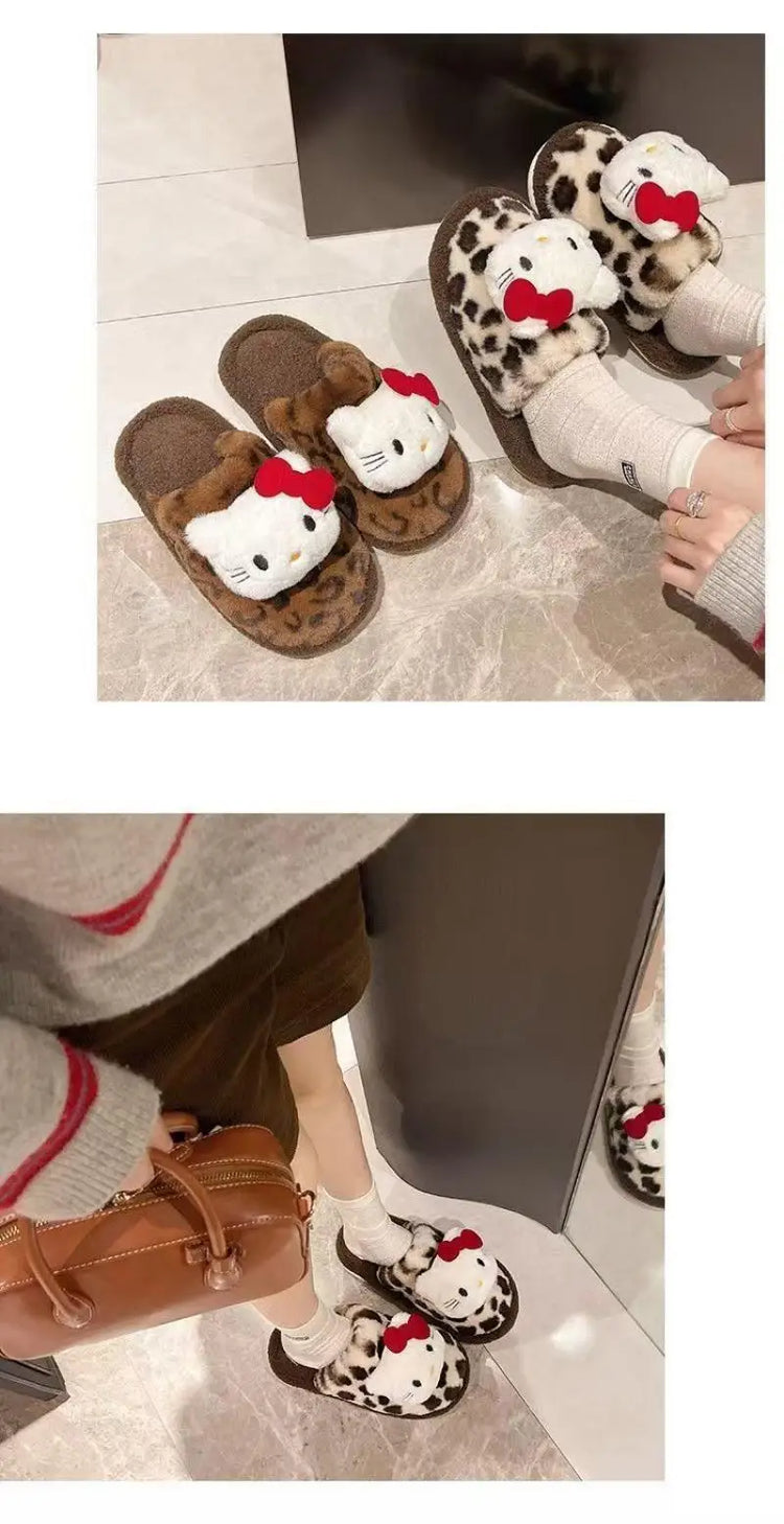 Women Cute Cartoon Cat Leopard Print Plush Slippers Warm Fuzzy Non-Slip Soft Sole Winter Indoor Bedroom Cozy House Home Shoes