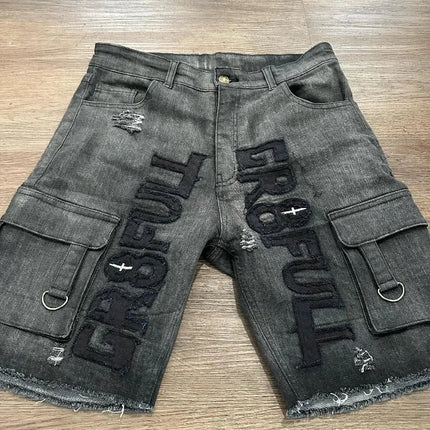 American Vintage Popular New Pattern Embroidery Baggy Denim Shorts Men Street Fashion Gothic Casual Joker Shorts Women Clothing PlatiNum