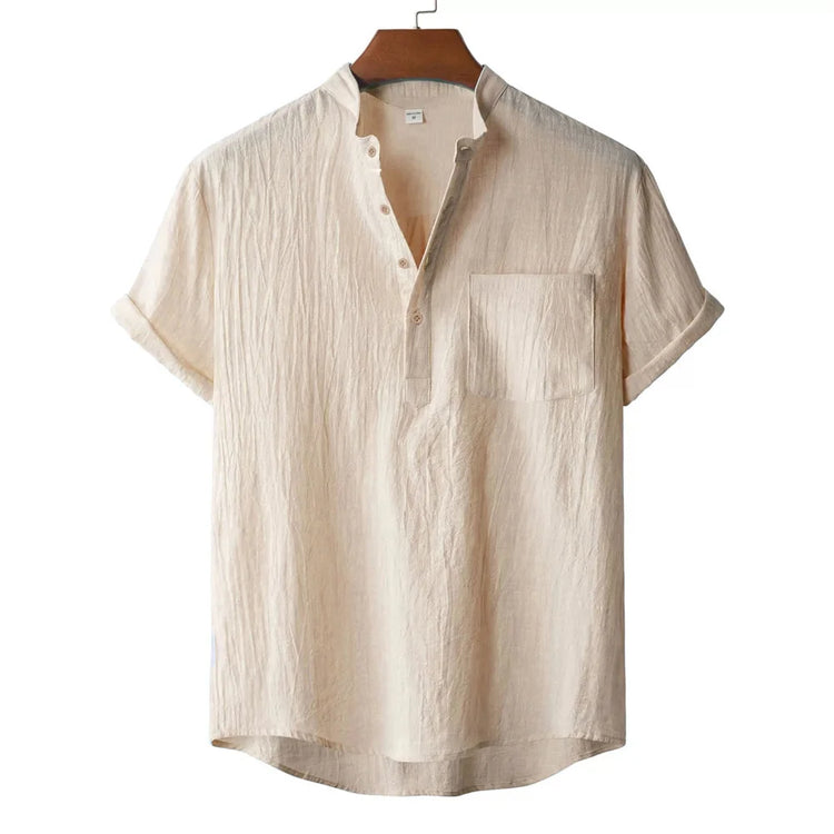 T-shirt Estiva da Uomo in Cotone e Lino, Stile Spiaggia, Manica Corta, Collo Henley, per Vacanze, Casual, Leggera, Traspirante e Confortevole