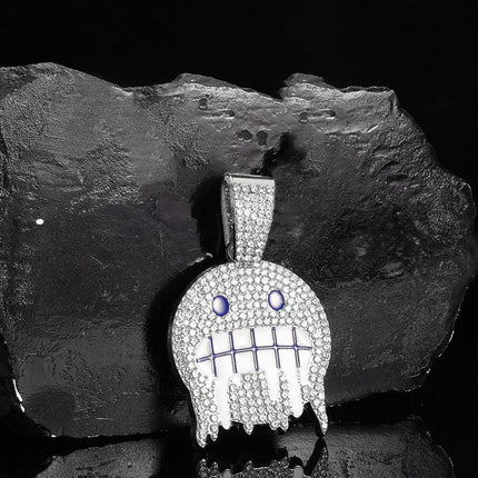 Men White Blue Cubic Zirconia Paved Hip Hop Round Face Pendants Necklaces with Cuban Chain Iced Out Bling CZ Fashion Boy Jewelry PlatiNum