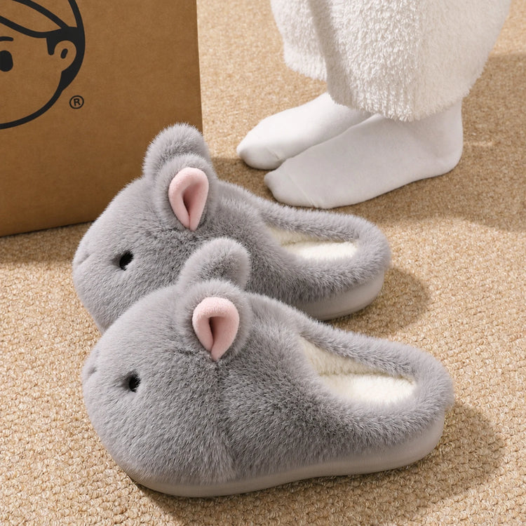 Cute Brown Bunny Plush Slippers Women Winter Warm Rebound Soft Sole House Shoes Indoor Fuzzy Non-Slip Comfortable Home Footwear