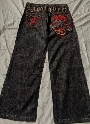 Jeans con orlo a stampa leopardata, stile casual americano anni 2000, a vita alta, gamba dritta e larga, abbigliamento femminile retrò Harajuku