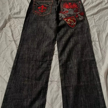 Jeans con orlo a stampa leopardata, stile casual americano anni 2000, a vita alta, gamba dritta e larga, abbigliamento femminile retrò Harajuku