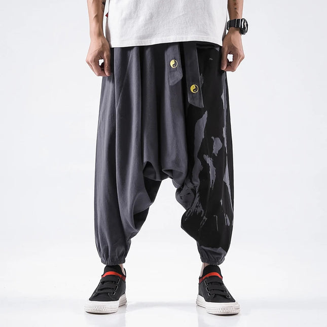 Pantaloni alla moda da uomo Samurai giapponese Ukiyo-e Cintura con stampa Pantaloni stile harem da uomo in cotone e lino Casual Oversize Harajuku Pantaloni a gamba larga da uomo