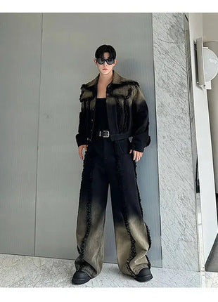 2025 New Men Denim Jacket and Jeans Set Two Piece Gradient Color Frayed Design Loose Fit High End Street Fashion Youth Trendy PlatiNum