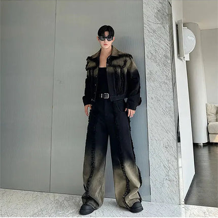 2025 New Men Denim Jacket and Jeans Set Two Piece Gradient Color Frayed Design Loose Fit High End Street Fashion Youth Trendy PlatiNum