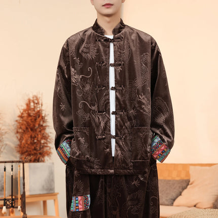 Giacca in velluto da uomo in stile cinese con stampa drago camicie da uomo tradizionale abito Tang Kung Fu Tai Chi camicie casual retrò abbigliamento da uomo