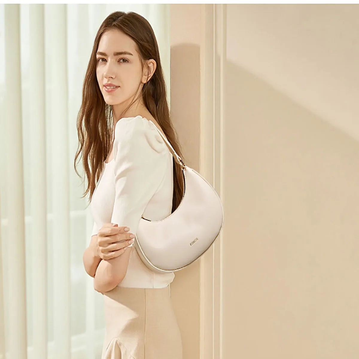 FOXER Brand Women's Shoulder Bag Soft PU Leather Female Handbag Simple Daliy Half-moon Bag Large Capacity Purse New Year Gift