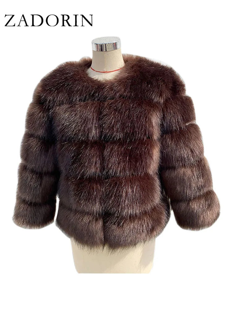ZADORIN High Quality Faux Fox Fur Coat Women Luxury Fluffy Warm 3/4 Sleeve Fur Jacket for Women Winter Short Mink Coat Outerwear