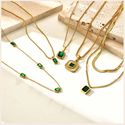 Retro Green Zircon Pendant Necklace For Women, Crystal Stone Chain Stainless Steel Gold Plated Luxury Birthday Gifts PlatiNum