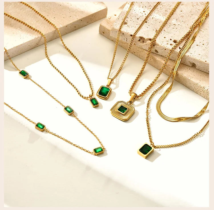 Retro Green Zircon Pendant Necklace For Women, Crystal Stone Chain Stainless Steel Gold Plated Luxury Birthday Gifts PlatiNum