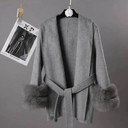UCXQ Elegant OL Office Lady Overcoats Fur Patchwork Long Sleeve Woolen Coat Beautiful Women's Clothing Jacket Autumn 2025 Winter