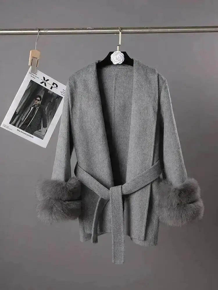 UCXQ Elegant OL Office Lady Overcoats Fur Patchwork Long Sleeve Woolen Coat Beautiful Women's Clothing Jacket Autumn 2025 Winter