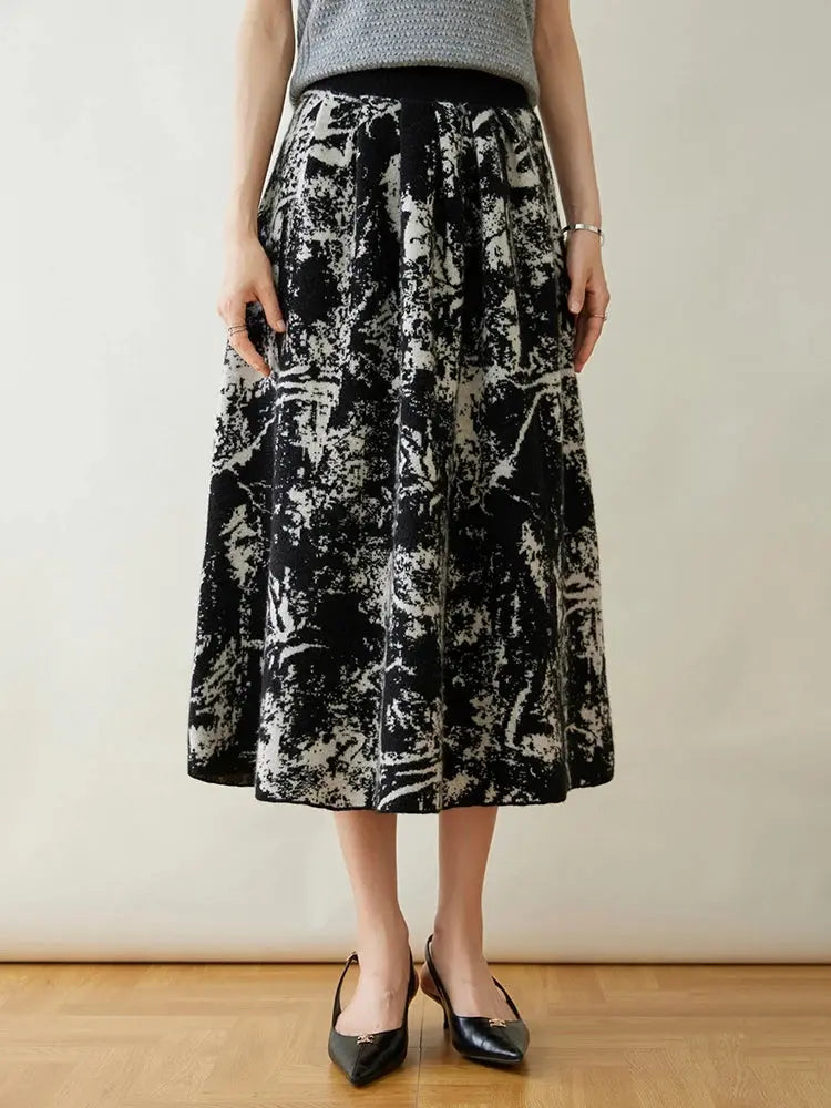 New 100% Pure Cashmere Half Skirt Women's Autumn Winter Mid-calf Knitted Full Skirt A-line High Waist Dress Retro Chinese Style PlatiNum