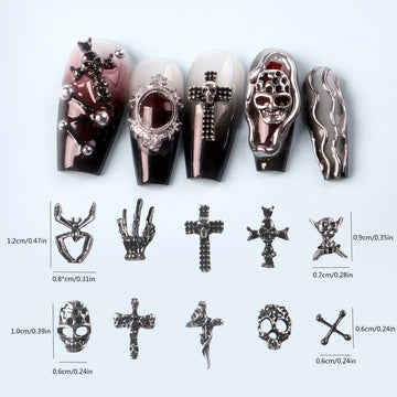 50pcs Mix Design Skull Cross Spider Nail Charms 3D Silver Bone Cross Halloween DIY Nail Art Decoration